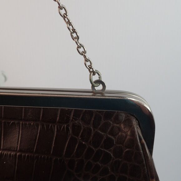 ANN TAYLOR LOFT Croc Embossed Dark Brown Leather Kiss-Lock Purse Bag Clutch - Picture 6 of 15